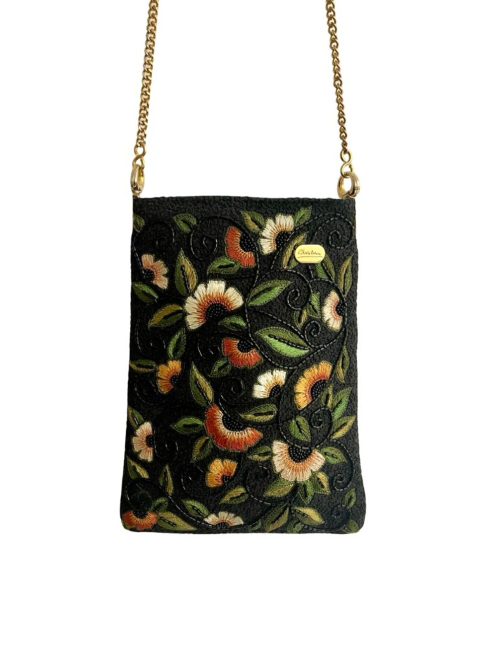Christina Floral Beaded Embroidered Evening Crossbody Bag Black Gold Chain